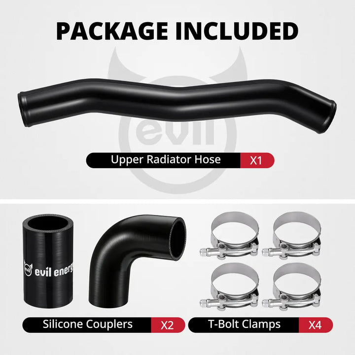 [Black] Package included for upper radiator hose kit with one red aluminum pipe, two silicone couplers, and four T-bolt clamps