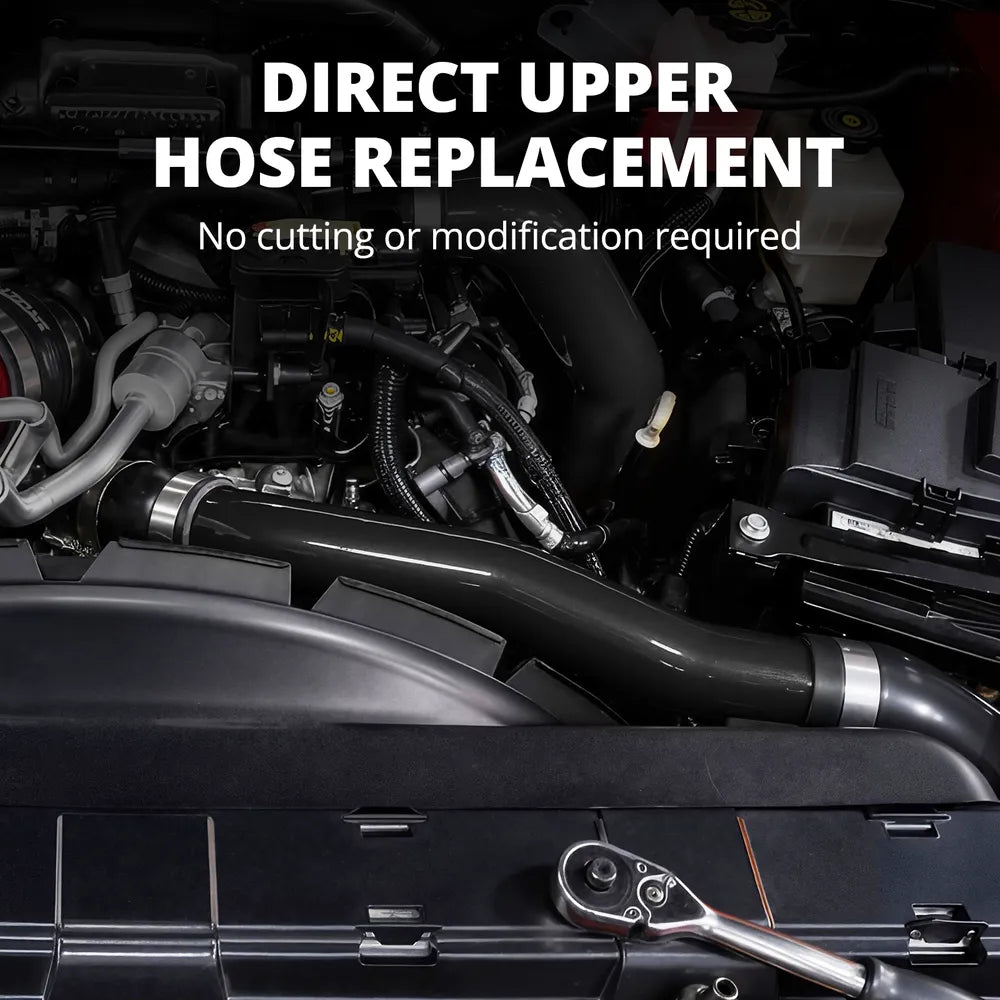 [Black] Direct upper radiator hose replacement installed on L5P Duramax engine with no cutting or modification required