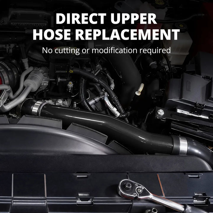 [Black] Direct upper radiator hose replacement installed on L5P Duramax engine with no cutting or modification required