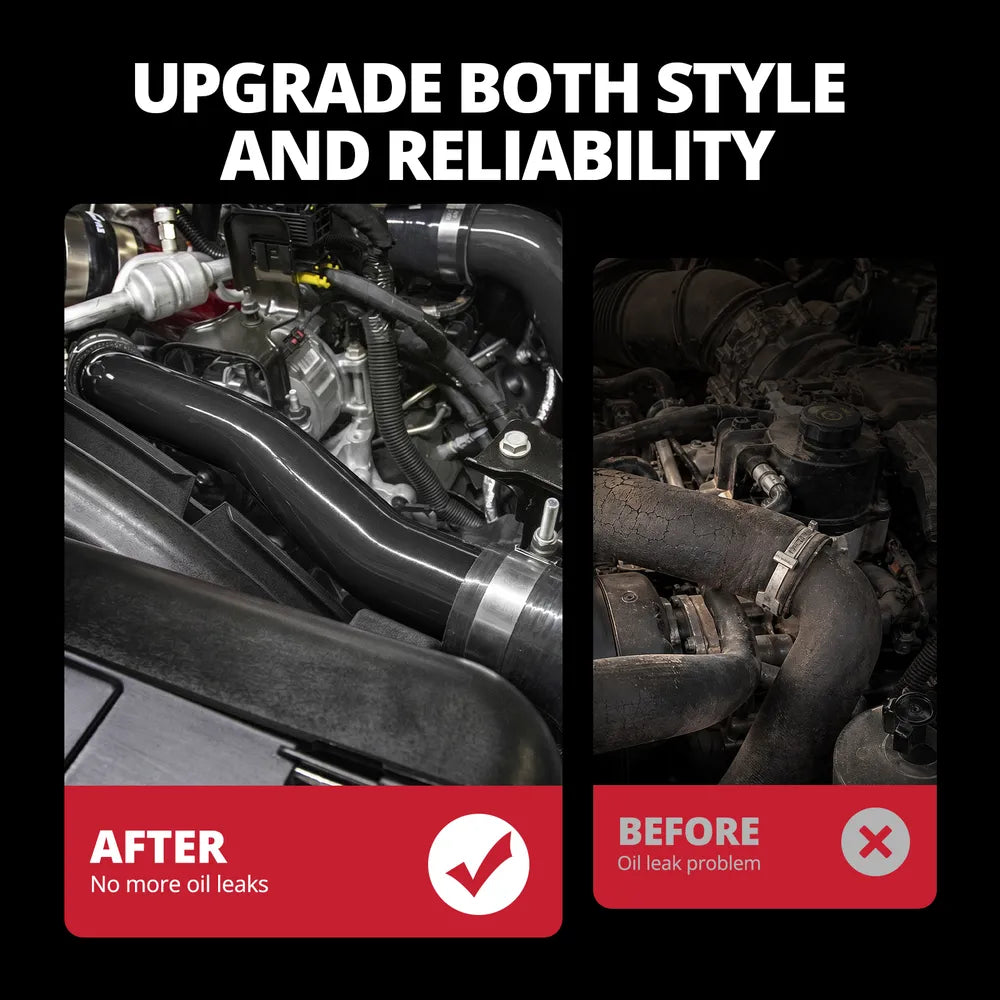 [Black] Before and after comparison showing factory rubber radiator hose replaced with red aluminum upper coolant pipe for improved style and reliability