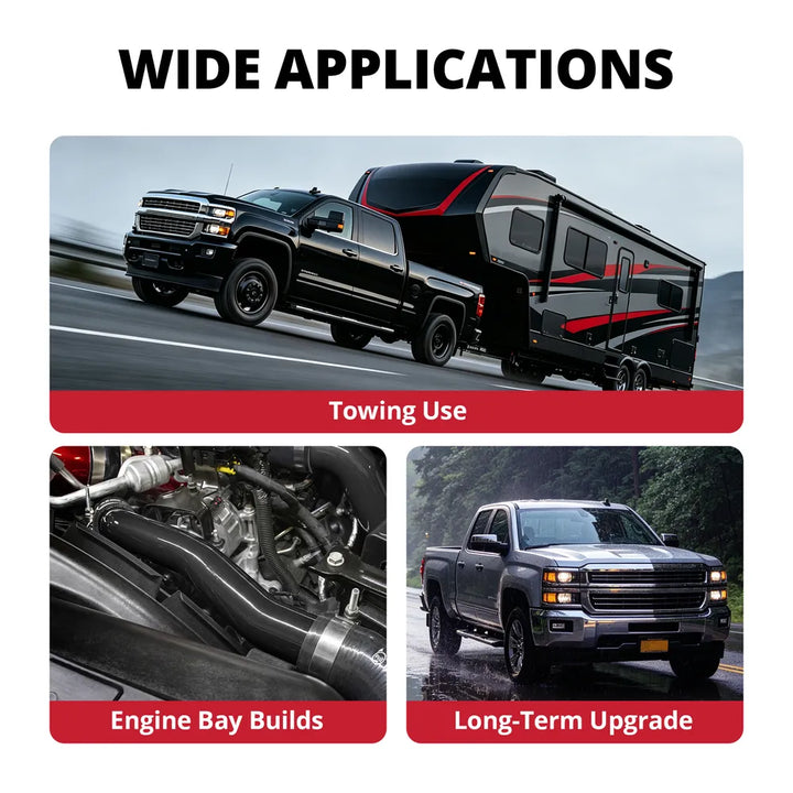 [Black] Upper radiator hose kit for towing use, diesel engine bay builds, and long-term cooling system upgrade on Silverado and Sierra trucks