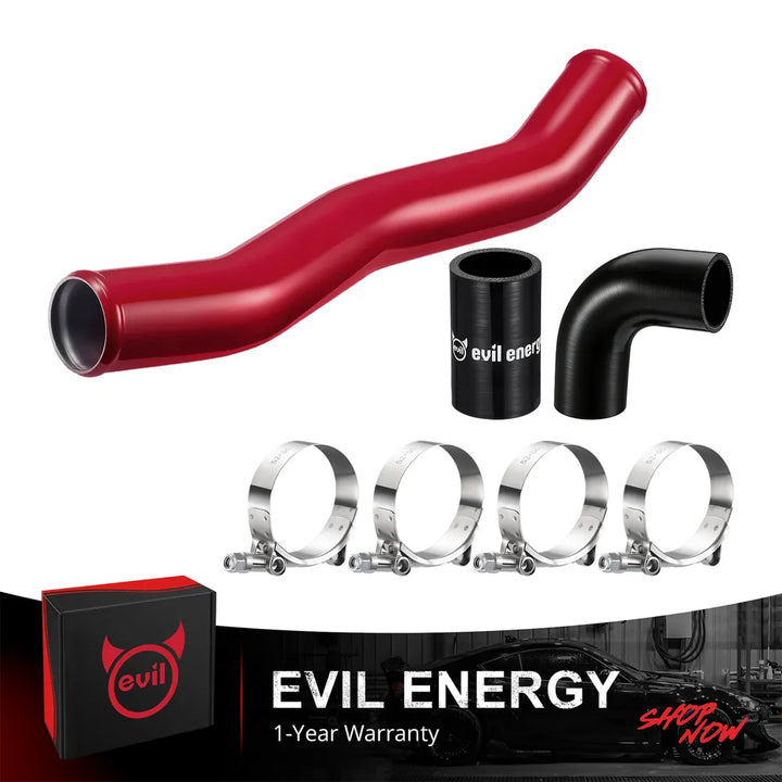[Red] EVIL ENERGY upper radiator hose kit with red aluminum coolant pipe, silicone couplers, and T-bolt clamps for 2020-2025 L5P Duramax trucks