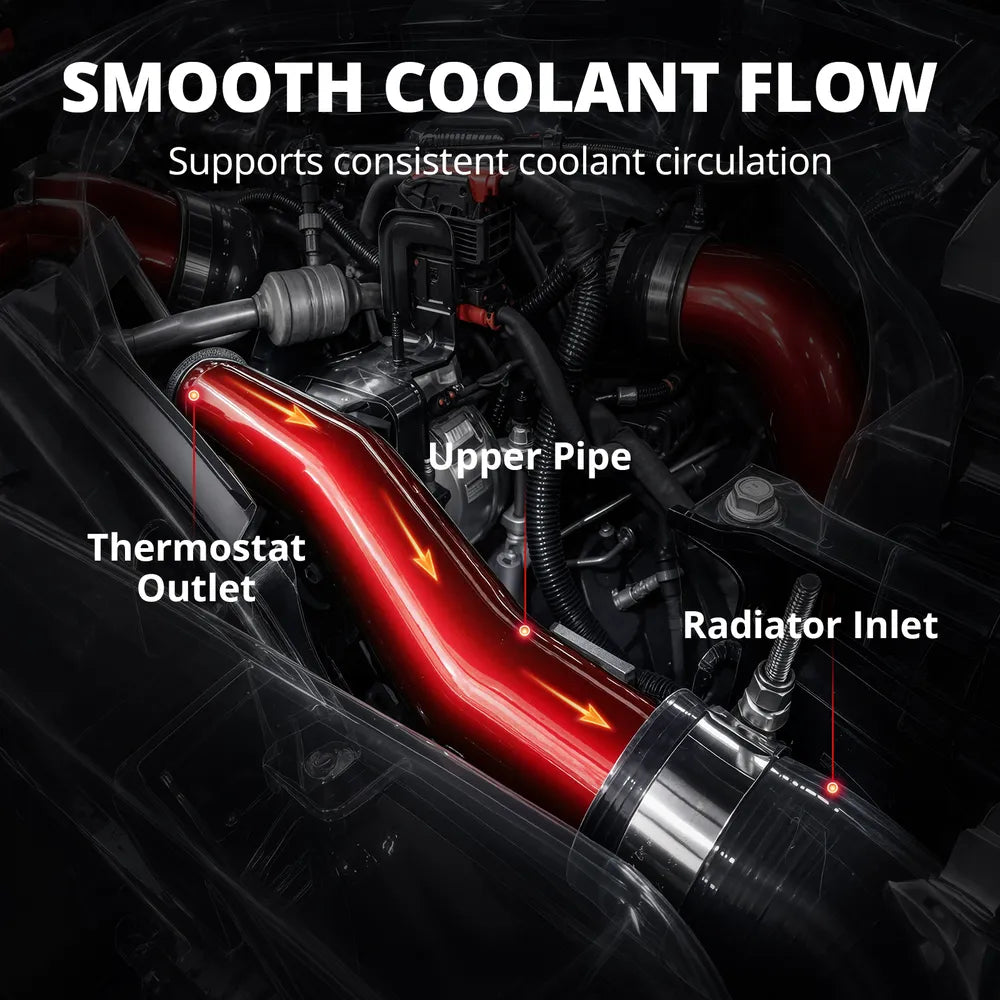 [Red] Smooth coolant flow diagram showing upper radiator hose from thermostat outlet to radiator inlet on L5P Duramax engine