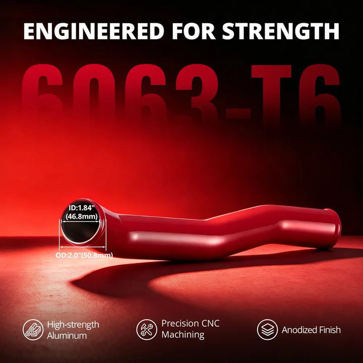 [Red] 6063-T6 aluminum upper radiator hose pipe with 1.84 inch inner diameter, 2.0 inch outer diameter, CNC machining, and anodized finish