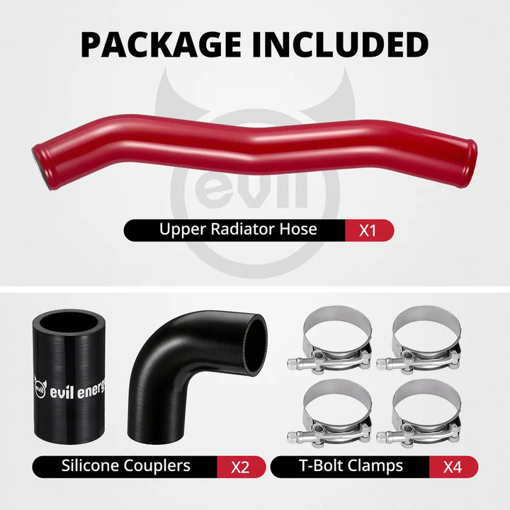 [Red] Package included for upper radiator hose kit with one red aluminum pipe, two silicone couplers, and four T-bolt clamps