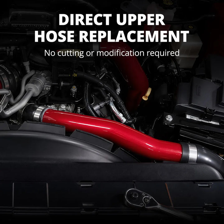 [Red] Direct upper radiator hose replacement installed on L5P Duramax engine with no cutting or modification required