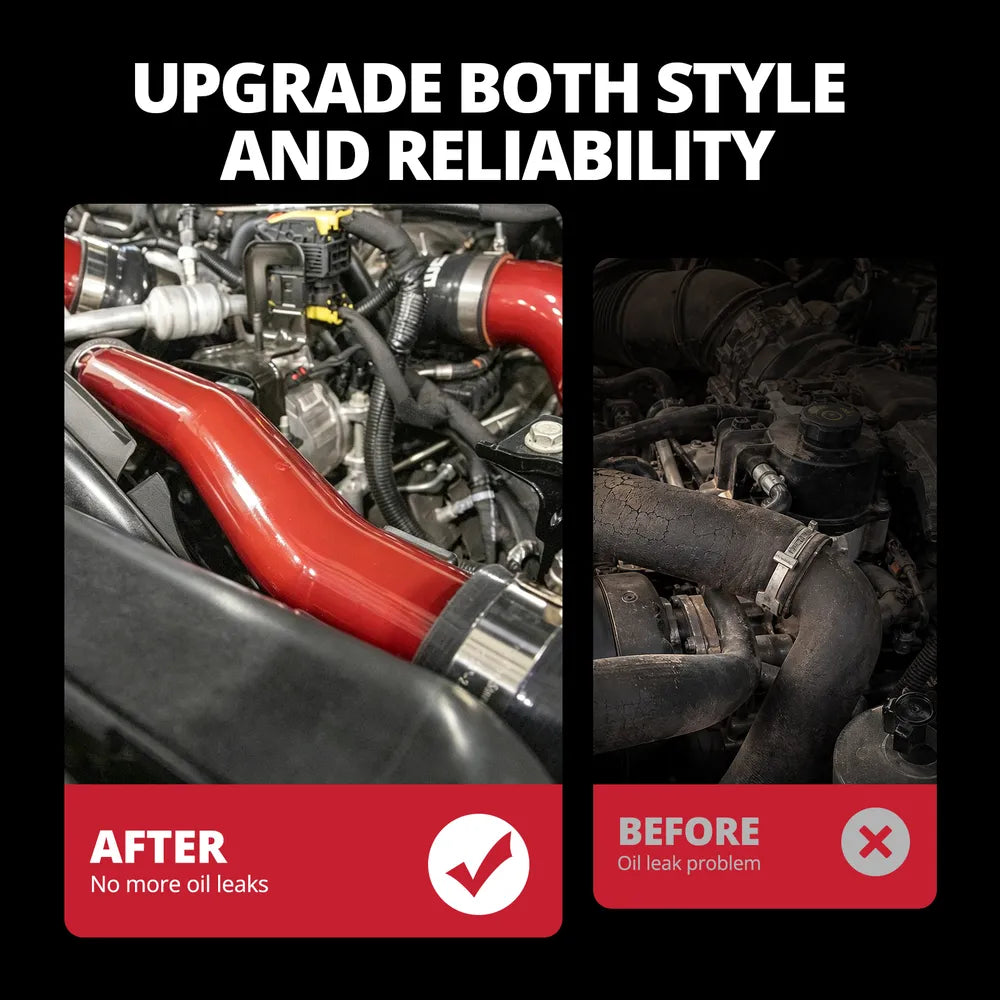 [Red] Before and after comparison showing factory rubber radiator hose replaced with red aluminum upper coolant pipe for improved style and reliability