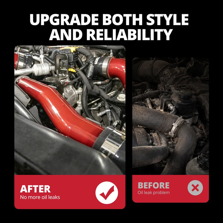 [Red] Before and after comparison showing factory rubber radiator hose replaced with red aluminum upper coolant pipe for improved style and reliability