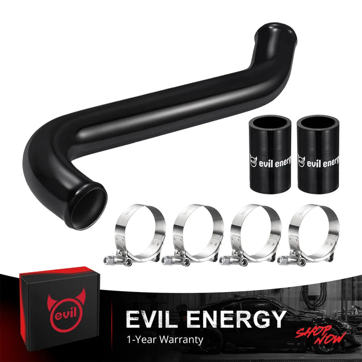 [Black] EVIL ENERGY upper radiator hose kit with red aluminum coolant pipe, silicone couplers, and T-bolt clamps for L5P Duramax trucks