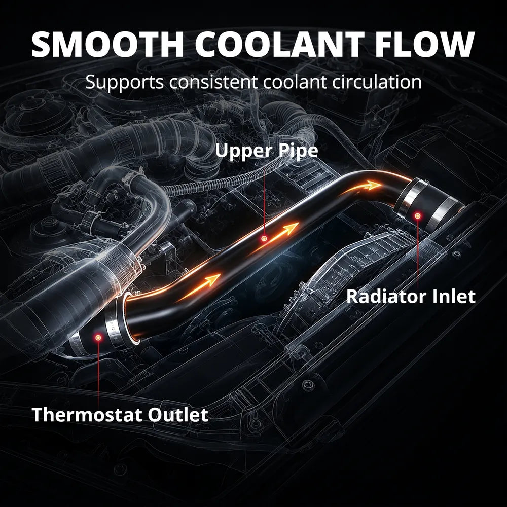 [Black] Smooth coolant flow diagram showing aluminum upper radiator hose from thermostat outlet to radiator inlet on L5P Duramax engine