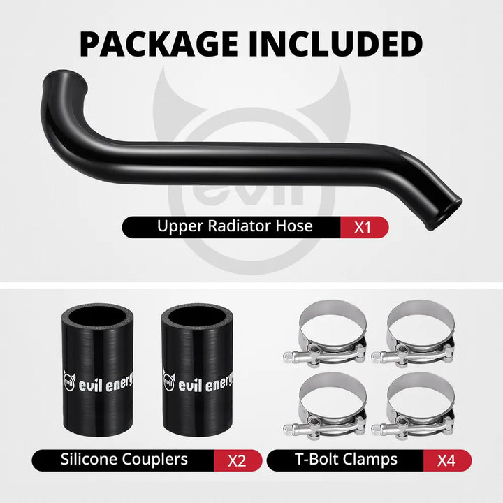 [Black] Package included for upper radiator hose kit with one aluminum pipe, two silicone couplers, and four T-bolt clamps