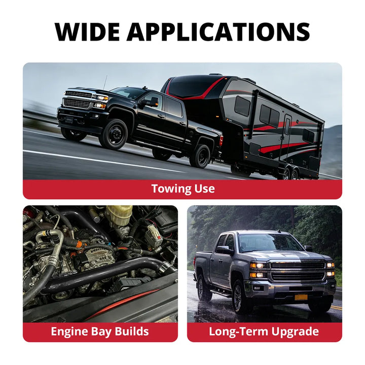 [Black] Upper radiator hose kit applications for towing use, engine bay builds, and long-term upgrade on diesel trucks