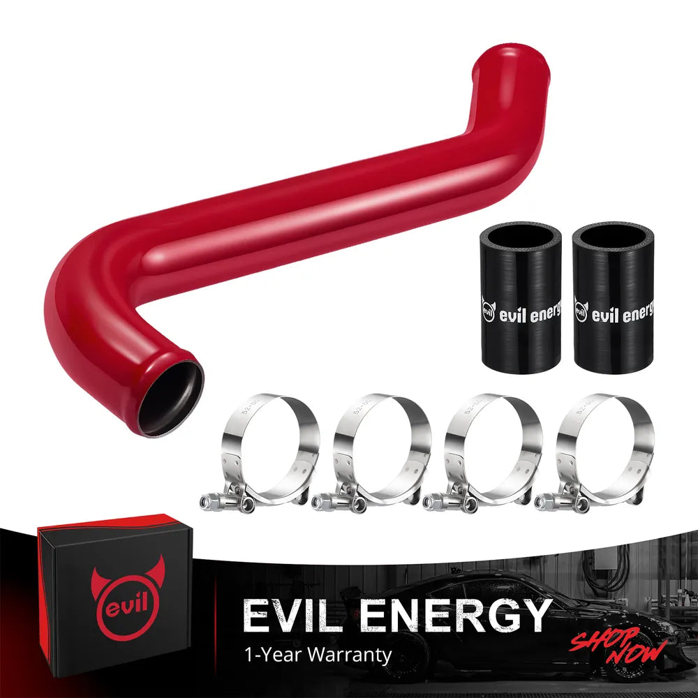 [Red] EVIL ENERGY upper radiator hose kit with red aluminum coolant pipe, silicone couplers, and T-bolt clamps for L5P Duramax trucks