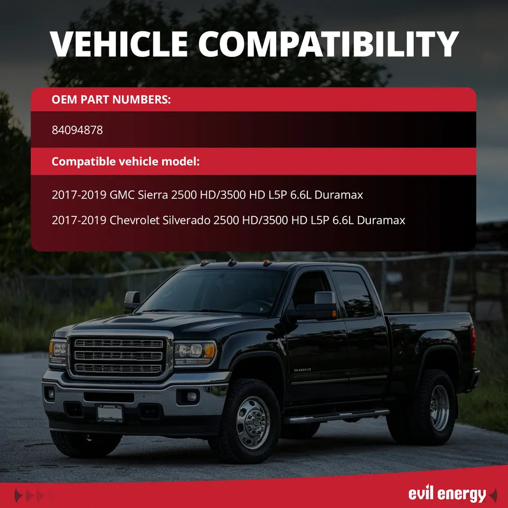 Vehicle compatibility chart for upper radiator hose replacement fitting 2017-2019 GMC Sierra and Chevy Silverado 2500HD 3500HD L5P 6.6L Duramax
