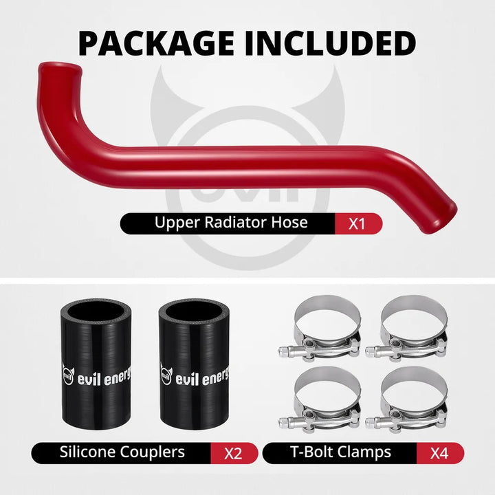 [Red] Package included for upper radiator hose kit with one aluminum pipe, two silicone couplers, and four T-bolt clamps