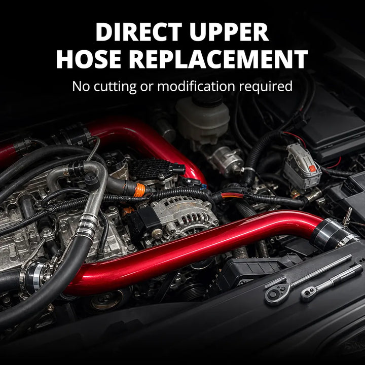 [Red] Direct upper radiator hose replacement installed in engine bay with no cutting or modification required