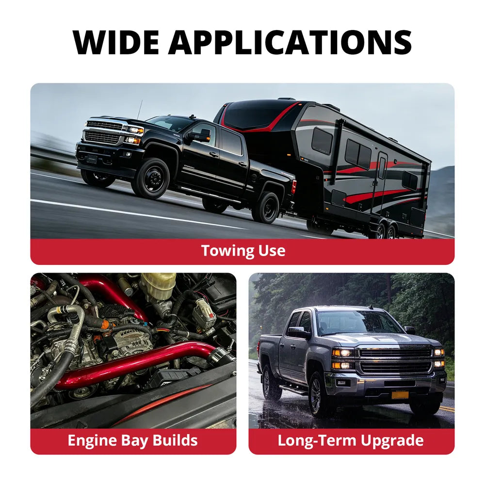 [Red] Upper radiator hose kit applications for towing use, engine bay builds, and long-term upgrade on diesel trucks