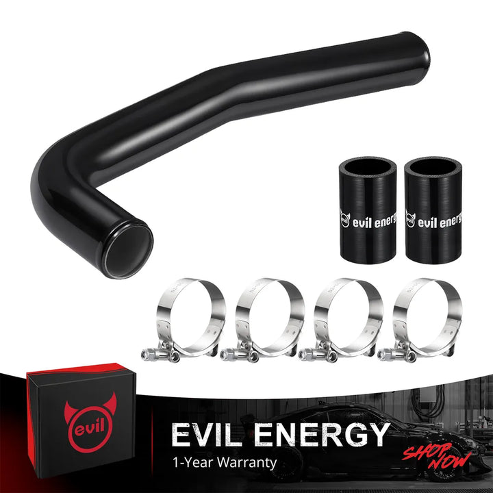 [Black] EVIL ENERGY upper coolant hose kit with red aluminum radiator pipe, silicone couplers, and T-bolt clamps for 2010-2018 Ram 2500 3500 6.7 Cummins
