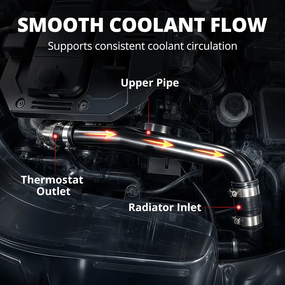 [Black] Smooth coolant flow diagram showing red upper coolant hose from thermostat outlet to radiator inlet on 6.7 Cummins engine
