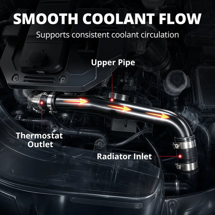 [Black] Smooth coolant flow diagram showing red upper coolant hose from thermostat outlet to radiator inlet on 6.7 Cummins engine