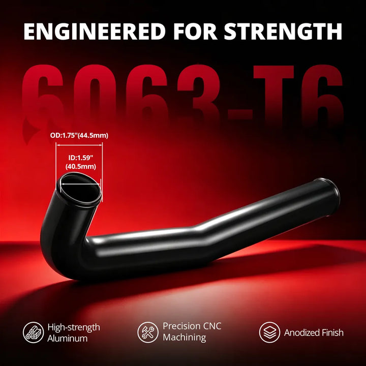 [Black] 6063-T6 aluminum upper coolant hose pipe with red anodized finish, 1.59 inch inner diameter, and 1.75 inch outer diameter
