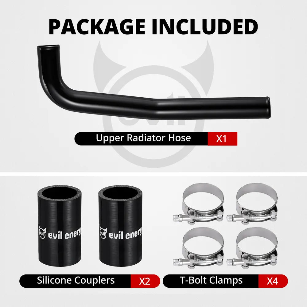 [Black] Package included for 6.7 Cummins upper coolant hose kit with one red aluminum pipe, two silicone couplers, and four T-bolt clamps