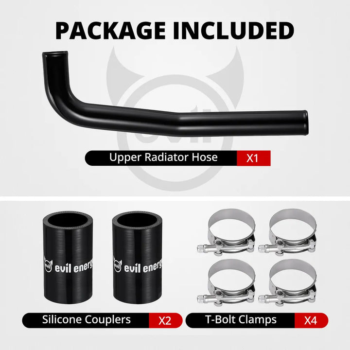 [Black] Package included for 6.7 Cummins upper coolant hose kit with one red aluminum pipe, two silicone couplers, and four T-bolt clamps