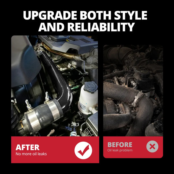 [Black] Before and after comparison showing factory rubber radiator hose replaced by red aluminum upper coolant pipe on 6.7 Cummins
