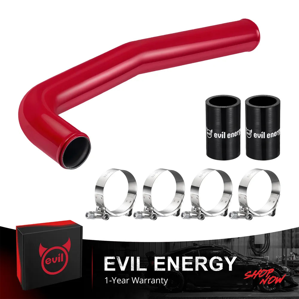 [Red] EVIL ENERGY upper coolant hose kit with red aluminum radiator pipe, silicone couplers, and T-bolt clamps for 2010-2018 Ram 2500 3500 6.7 Cummins