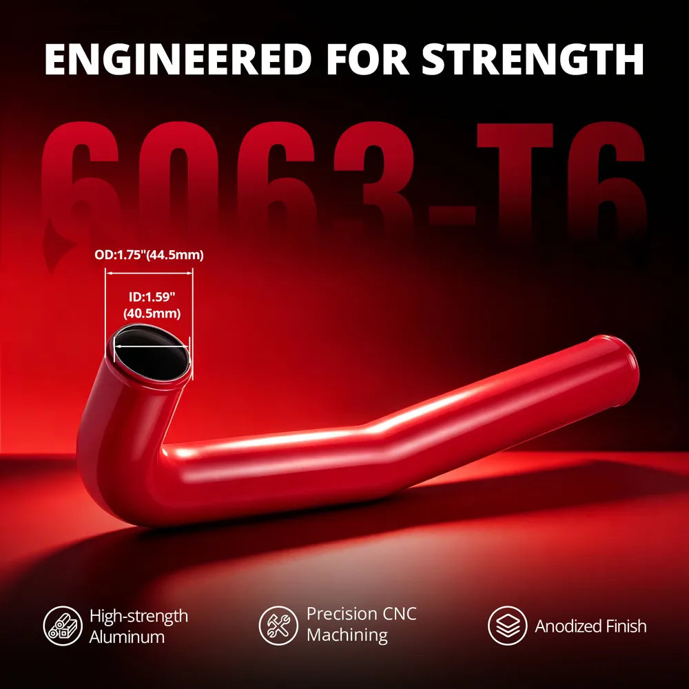 [Red] 6063-T6 aluminum upper coolant hose pipe with red anodized finish, 1.59 inch inner diameter, and 1.75 inch outer diameter