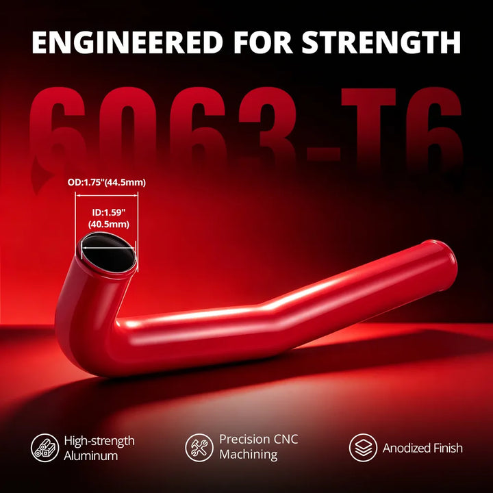 [Red] 6063-T6 aluminum upper coolant hose pipe with red anodized finish, 1.59 inch inner diameter, and 1.75 inch outer diameter