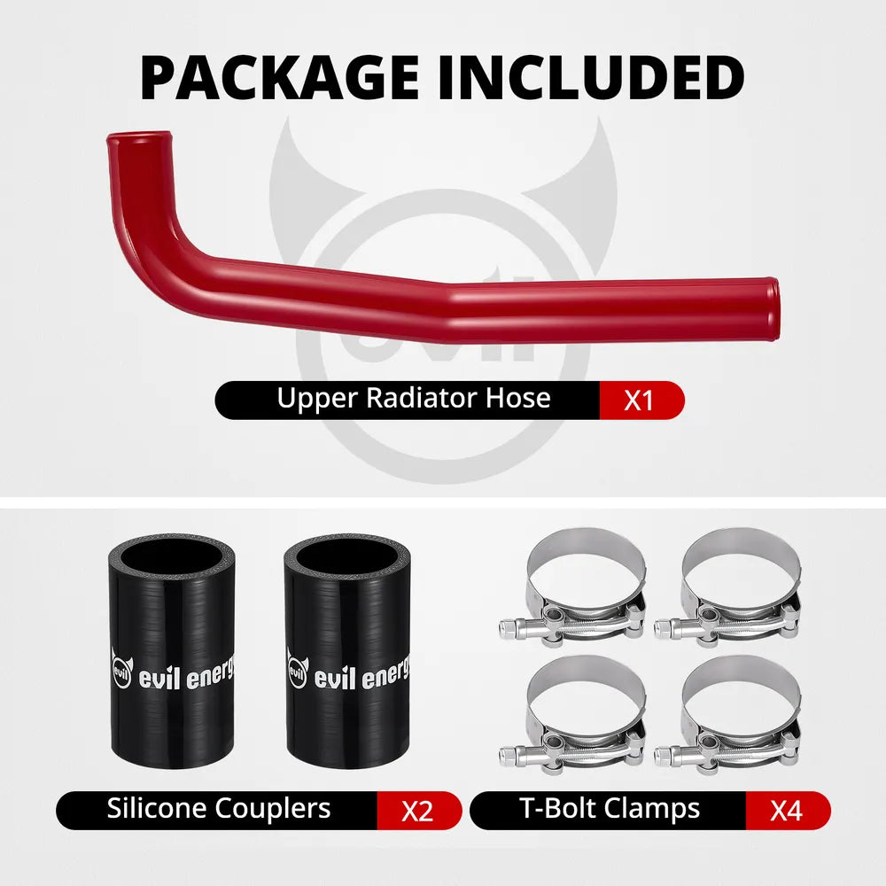 [Red] Package included for 6.7 Cummins upper coolant hose kit with one red aluminum pipe, two silicone couplers, and four T-bolt clamps