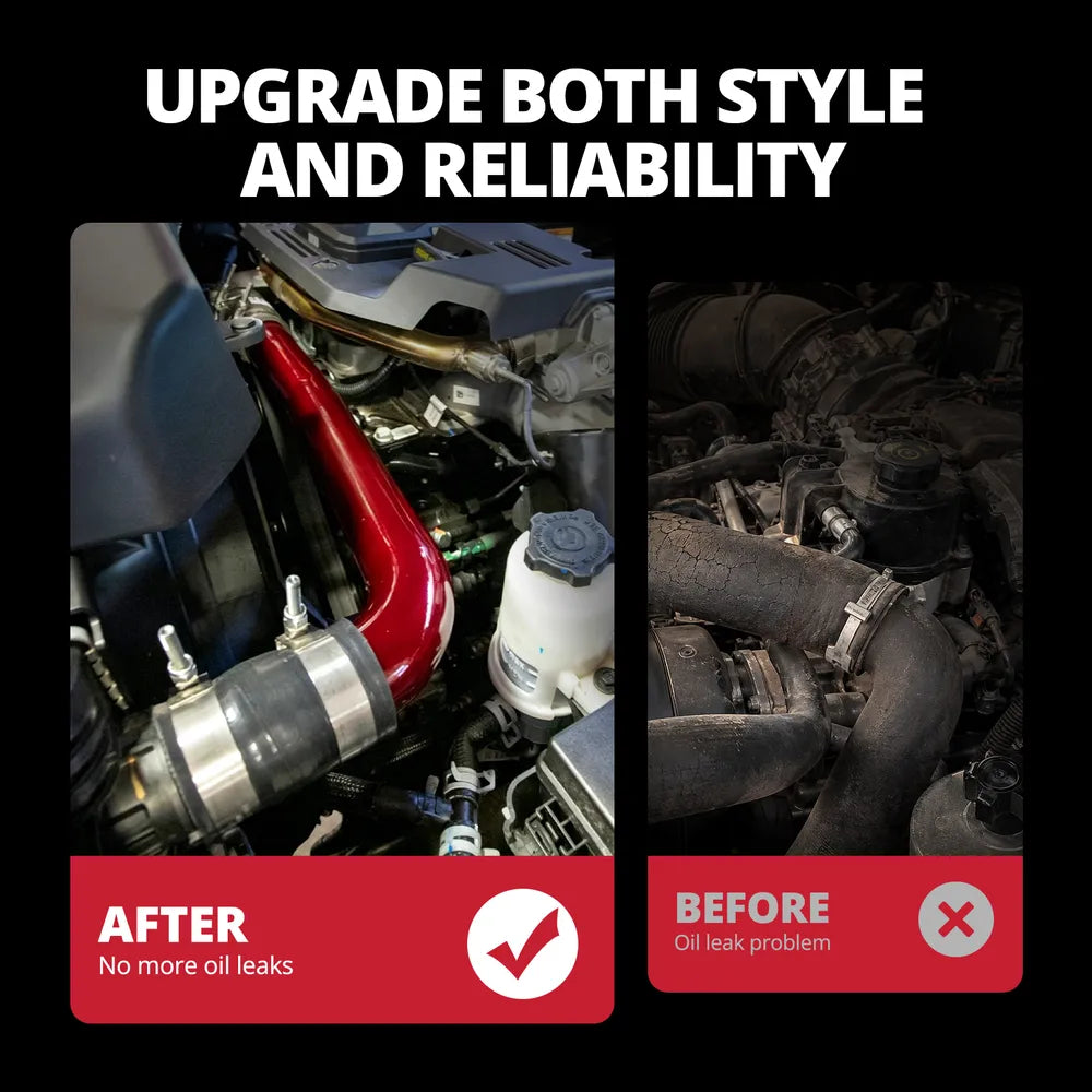 [Red] Before and after comparison showing factory rubber radiator hose replaced by red aluminum upper coolant pipe on 6.7 Cummins