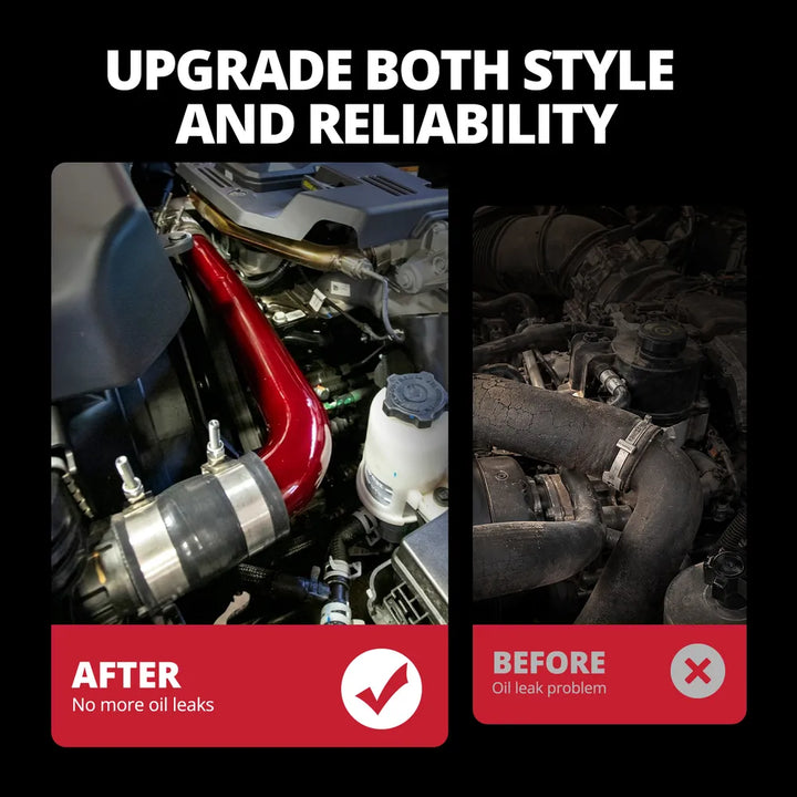 [Red] Before and after comparison showing factory rubber radiator hose replaced by red aluminum upper coolant pipe on 6.7 Cummins