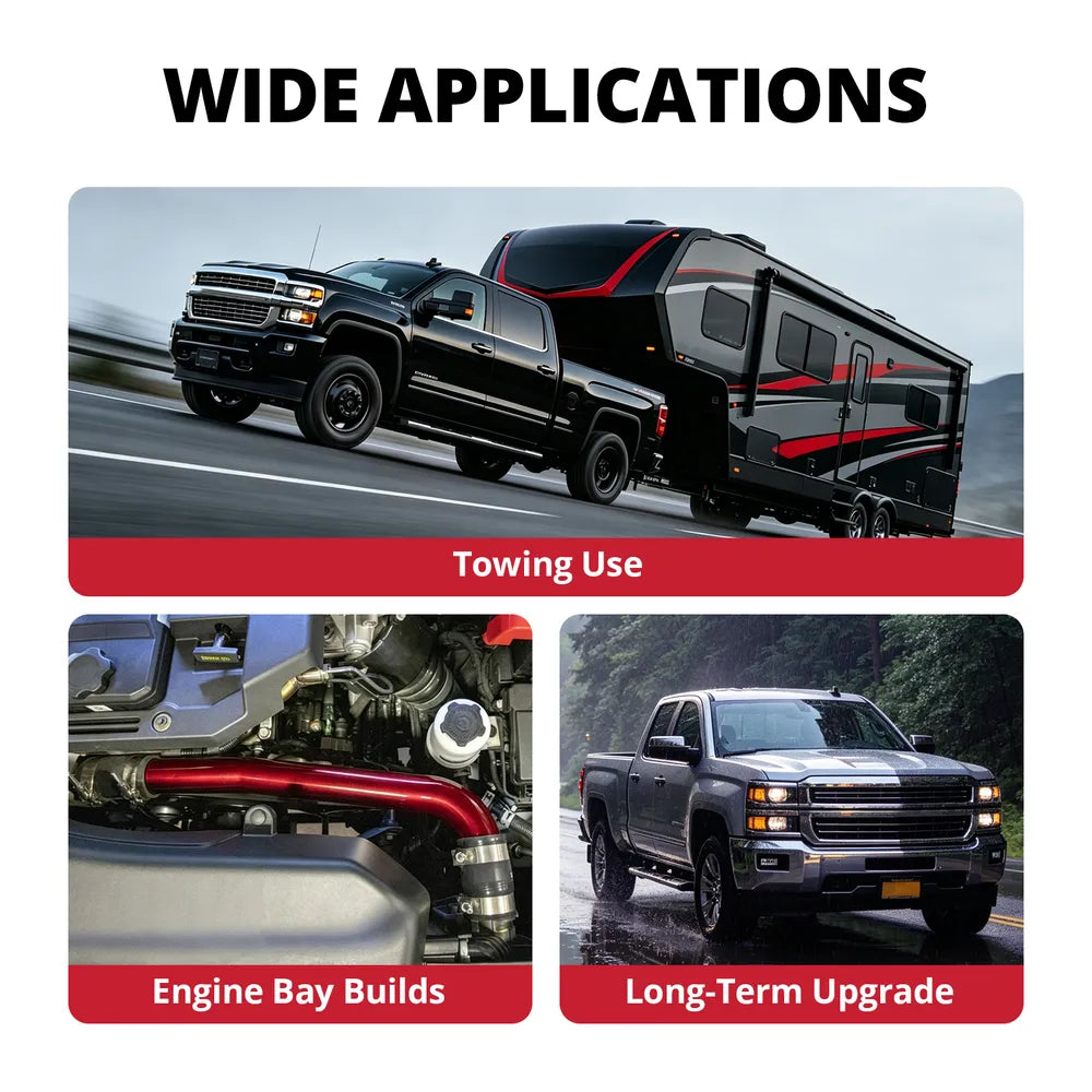 [Red] 6.7 Cummins upper coolant hose kit for towing use, engine bay builds, and long-term cooling system upgrade on Ram diesel trucks