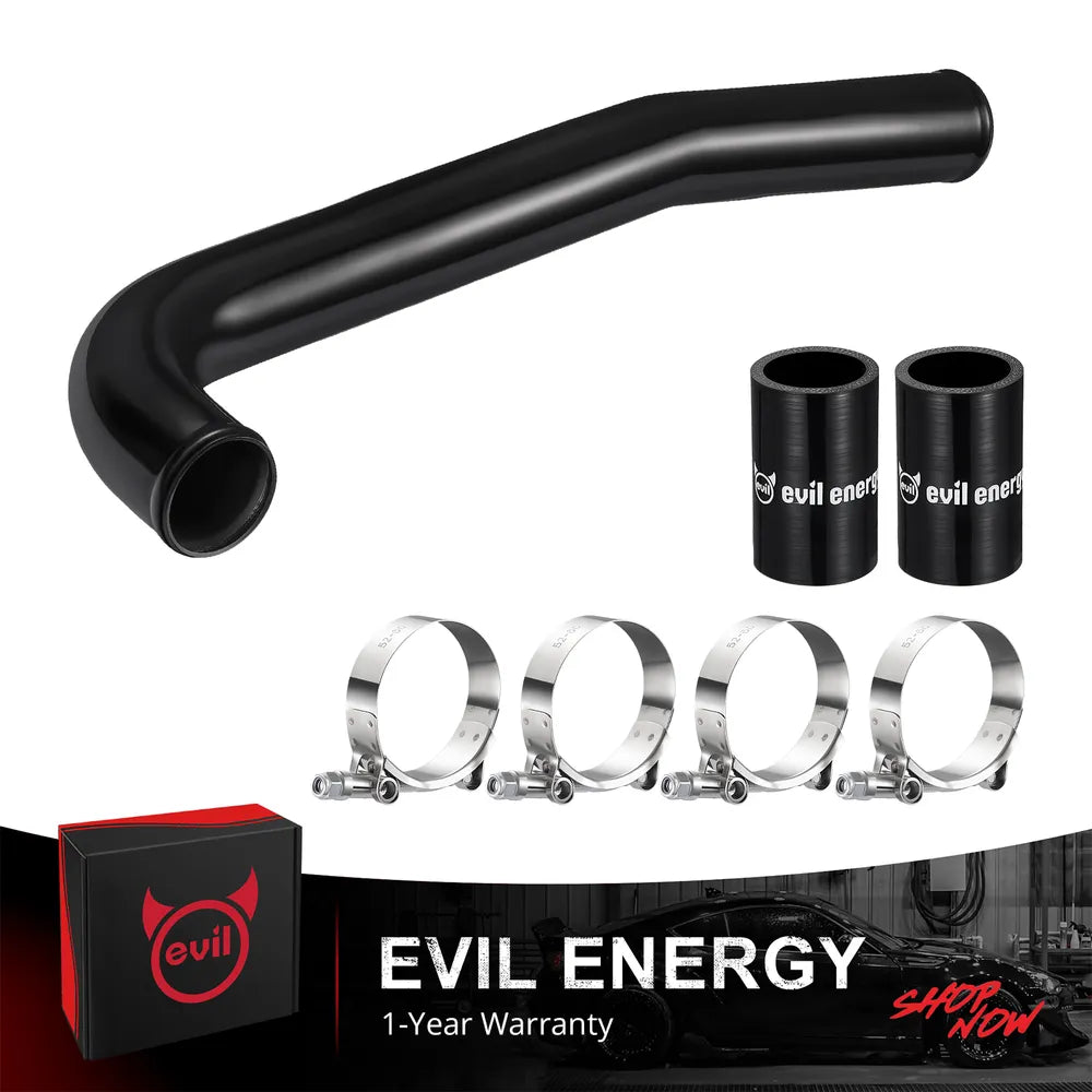 [Black] EVIL ENERGY 6.7 Cummins upper radiator hose kit with black aluminum coolant pipe, silicone couplers, and T-bolt clamps