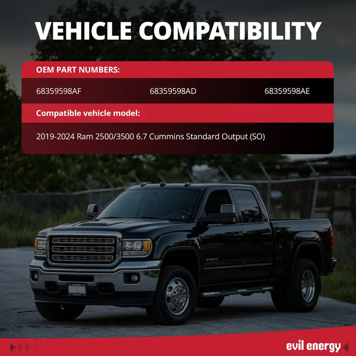 Vehicle compatibility chart for 2019-2024 Ram 2500 3500 6.7 Cummins upper radiator hose replacing 68359598AF 68359598AD 68359598AE