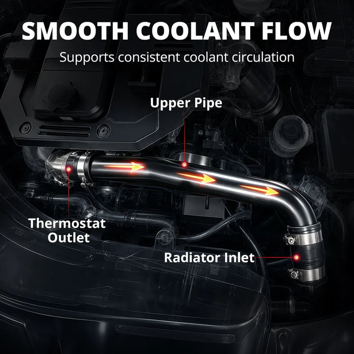 [Black] Smooth coolant flow diagram showing 6.7 Cummins upper coolant hose from thermostat outlet to radiator inlet