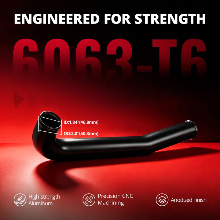 [Black] 6063-T6 aluminum radiator hose pipe with black anodized finish, 1.84 inch inner diameter, and 2.0 inch outer diameter