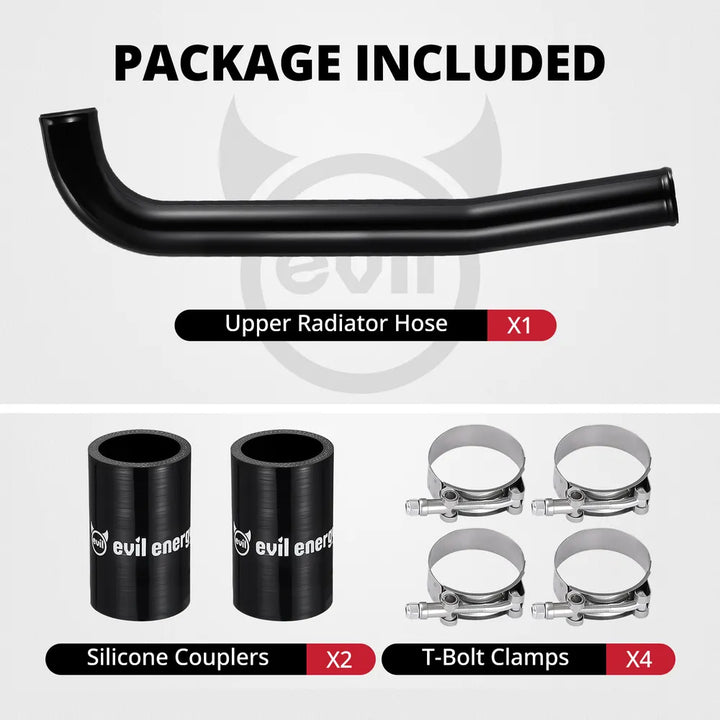 [Black] Package included for 6.7 Cummins upper radiator hose kit with one black aluminum pipe, two silicone couplers, and four T-bolt clamps
