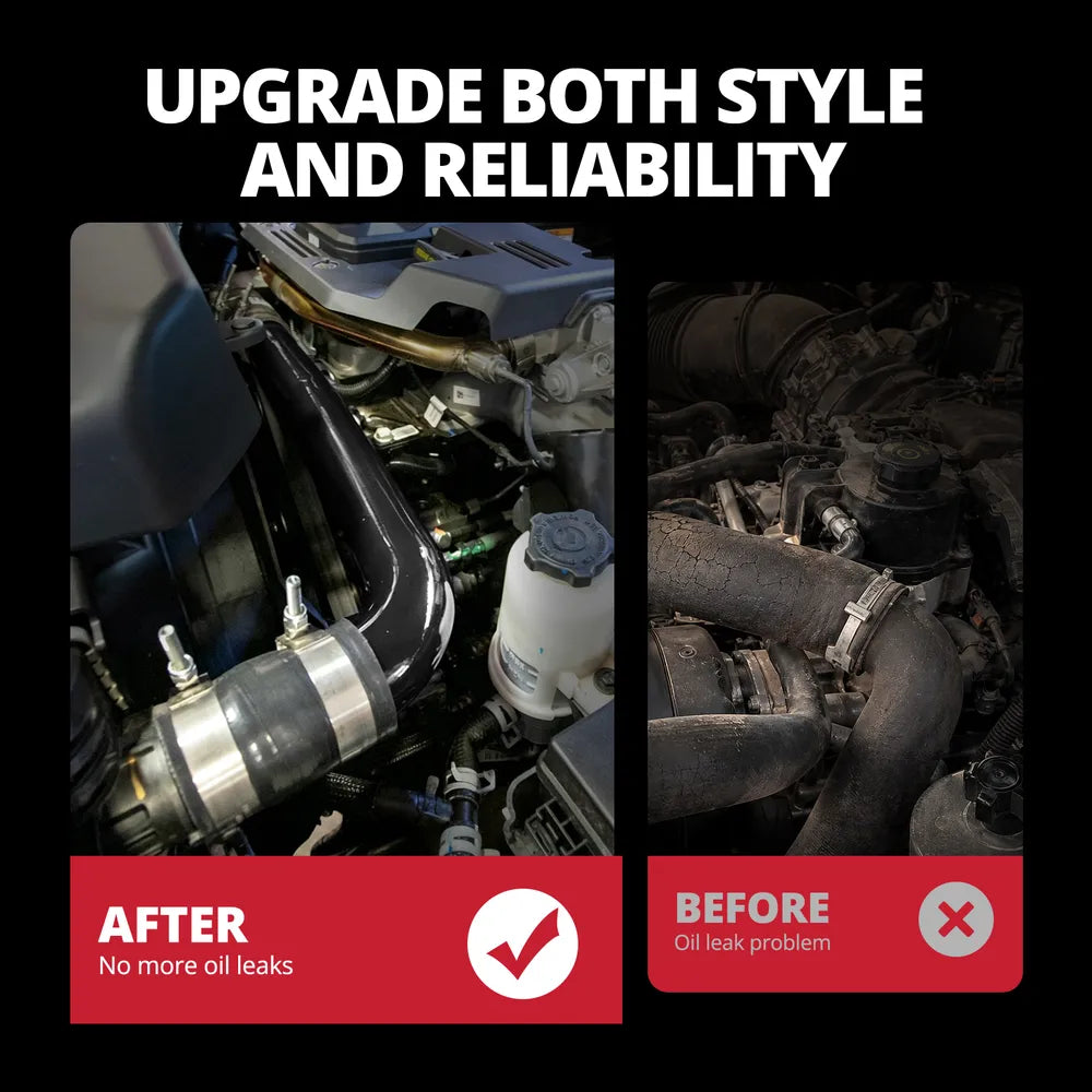 [Black] Before and after comparison showing factory rubber radiator hose replaced by black aluminum upper coolant pipe on 6.7 Cummins
