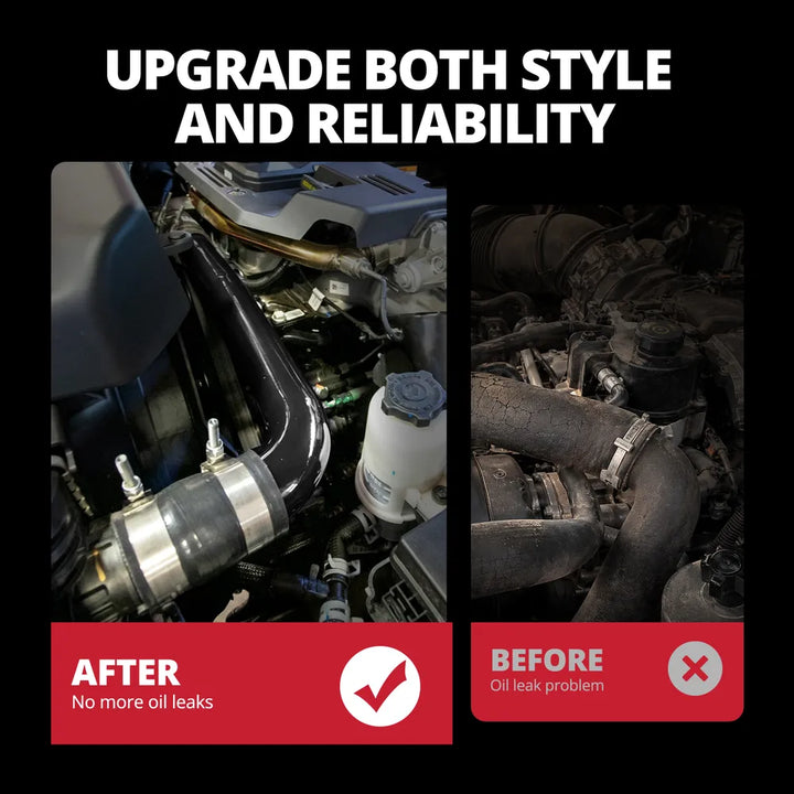 [Black] Before and after comparison showing factory rubber radiator hose replaced by black aluminum upper coolant pipe on 6.7 Cummins