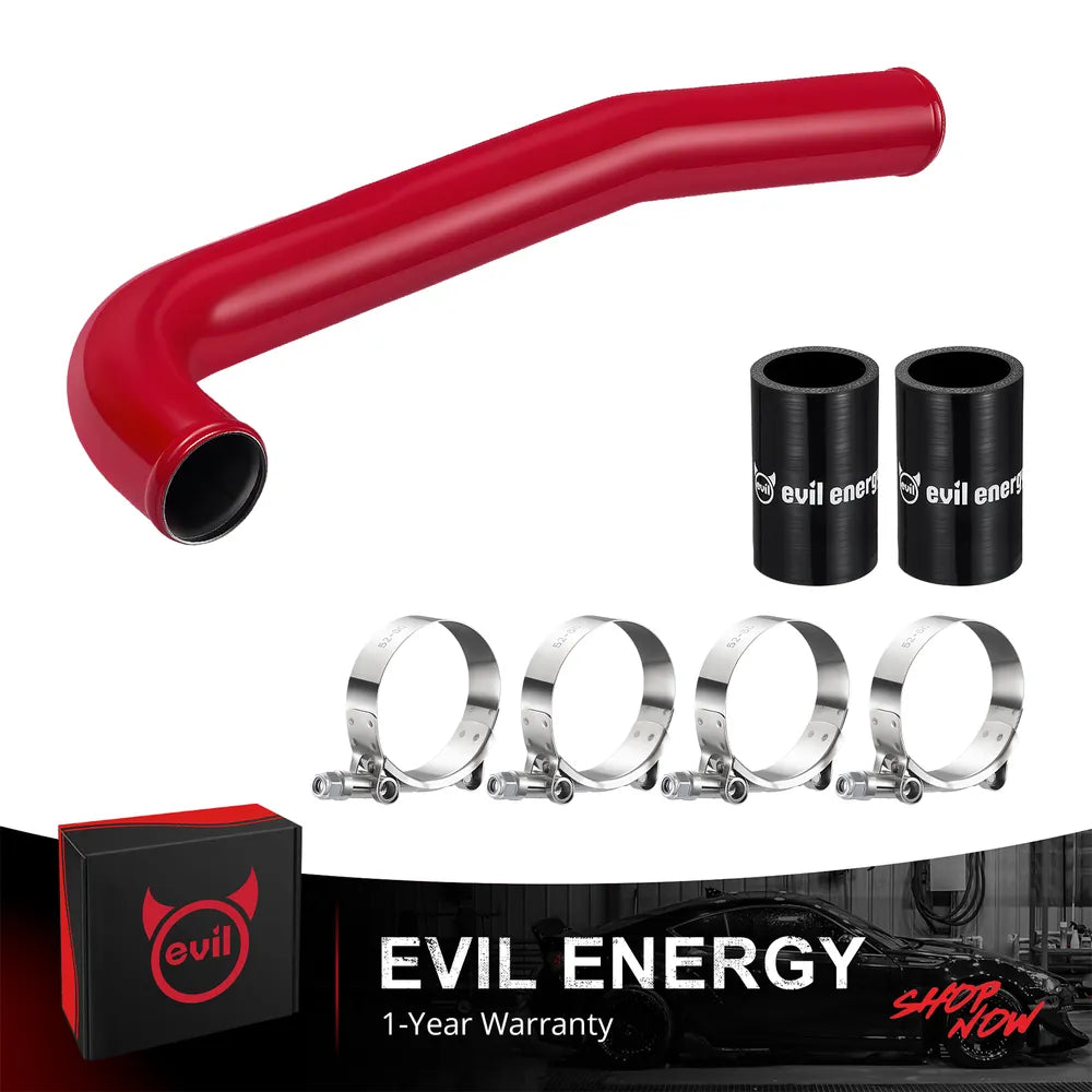 [Red] EVIL ENERGY 6.7 Cummins upper radiator hose kit with black aluminum coolant pipe, silicone couplers, and T-bolt clamps
