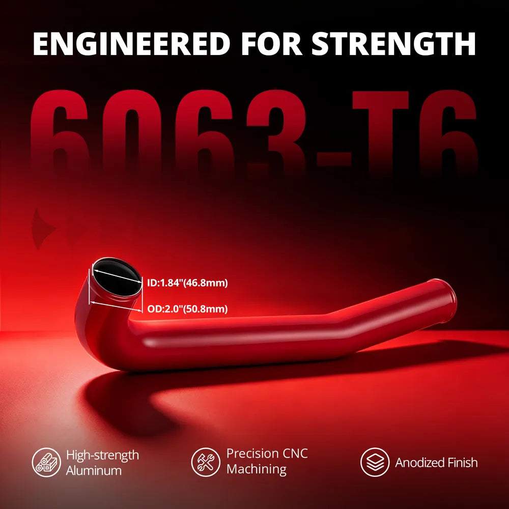 [Red] 6063-T6 aluminum radiator hose pipe with black anodized finish, 1.84 inch inner diameter, and 2.0 inch outer diameter