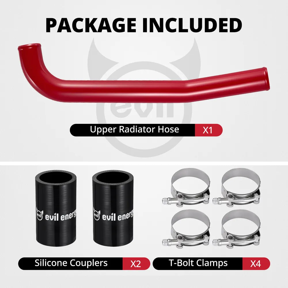 [Red] Package included for 6.7 Cummins upper radiator hose kit with one black aluminum pipe, two silicone couplers, and four T-bolt clamps