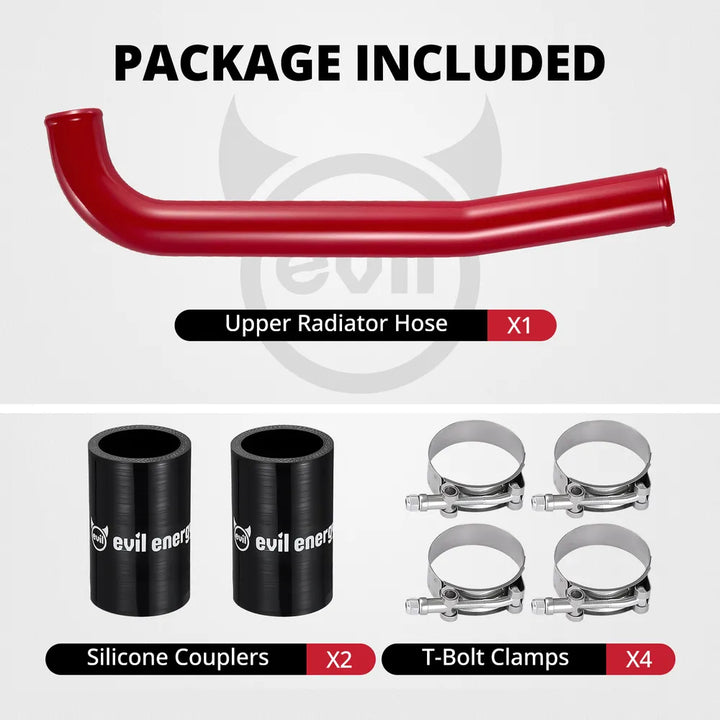 [Red] Package included for 6.7 Cummins upper radiator hose kit with one black aluminum pipe, two silicone couplers, and four T-bolt clamps