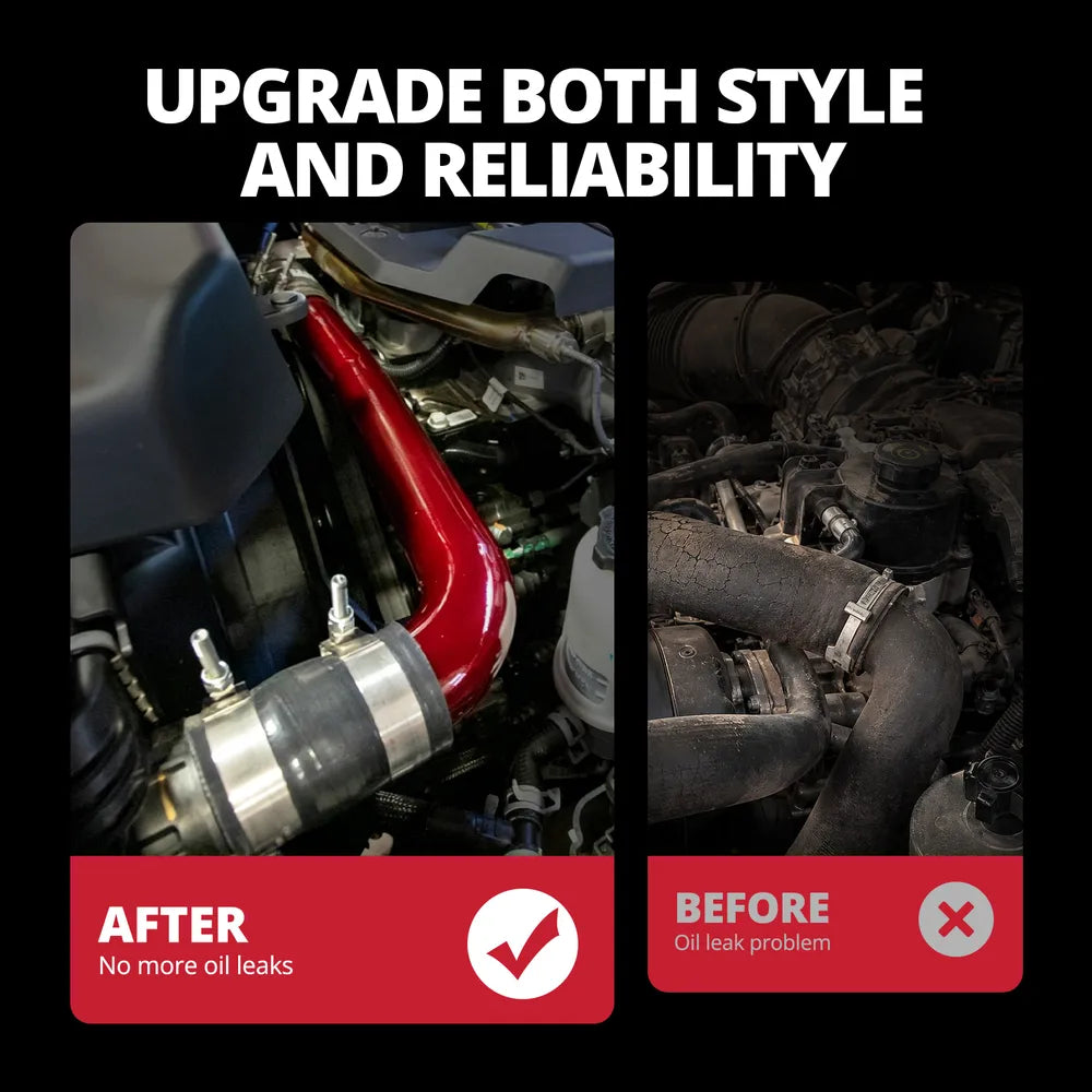 [Red] Before and after comparison showing factory rubber radiator hose replaced by black aluminum upper coolant pipe on 6.7 Cummins