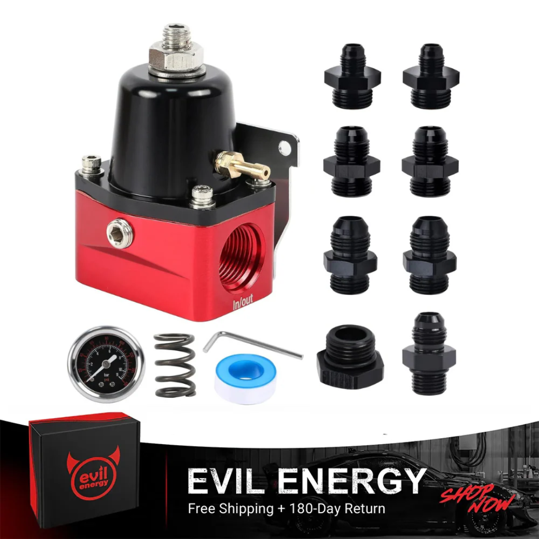 [Without Fuel Cell,Without Fuel Filter,20-75PSI&75-120PSI] EVIL ENERGY fuel pressure regulator with red-black body, gauge, spring, PTFE tape, and multiple fittings