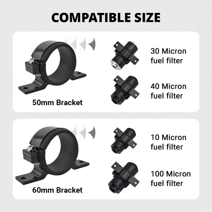 Universal Fuel Filter Brackets compatible with 30, 40, 10, and 100 micron fuel filters. Includes 50mm and 60mm brackets for versatile installation options.