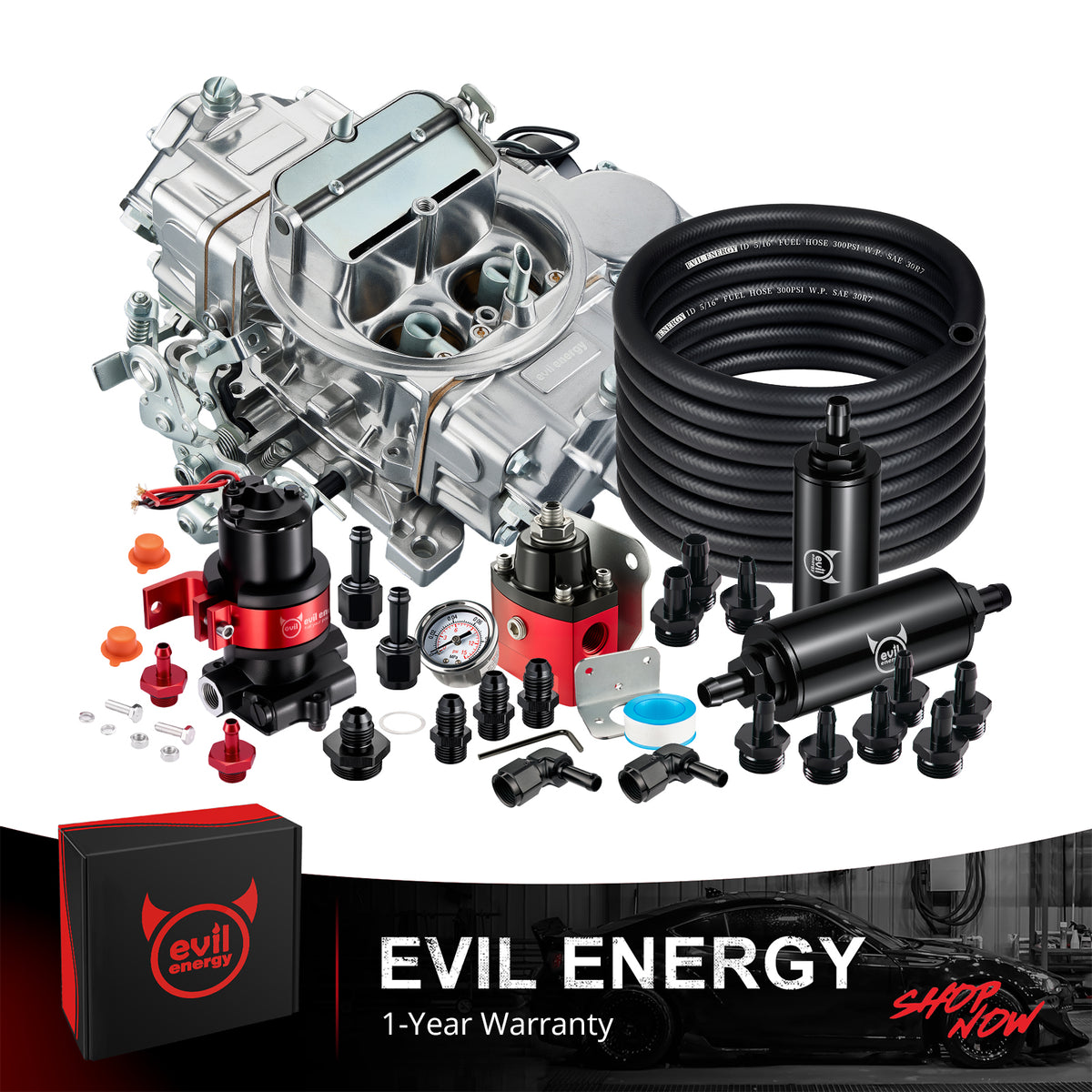 EVIL ENERGY 750 CFM 4-barrel Carburetor 110 GPH External Electric Fuel Pump Kit - EVILENERGY